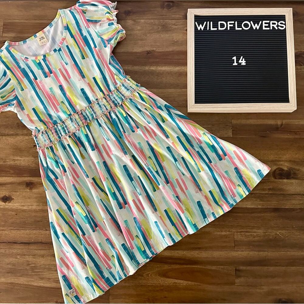 Wildflowers Technicolor Betty Dress Blue Pink Yellow Knit Short Sleeve 14